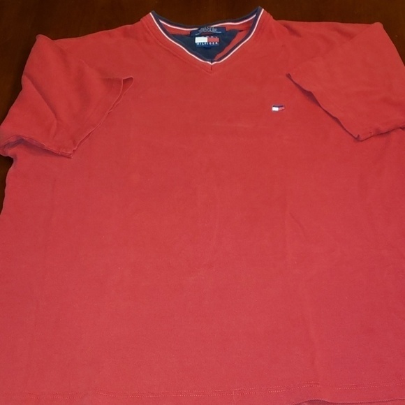TOMMY Hilfiger V Neck Tee Y2K Red XL - Picture 1 of 8